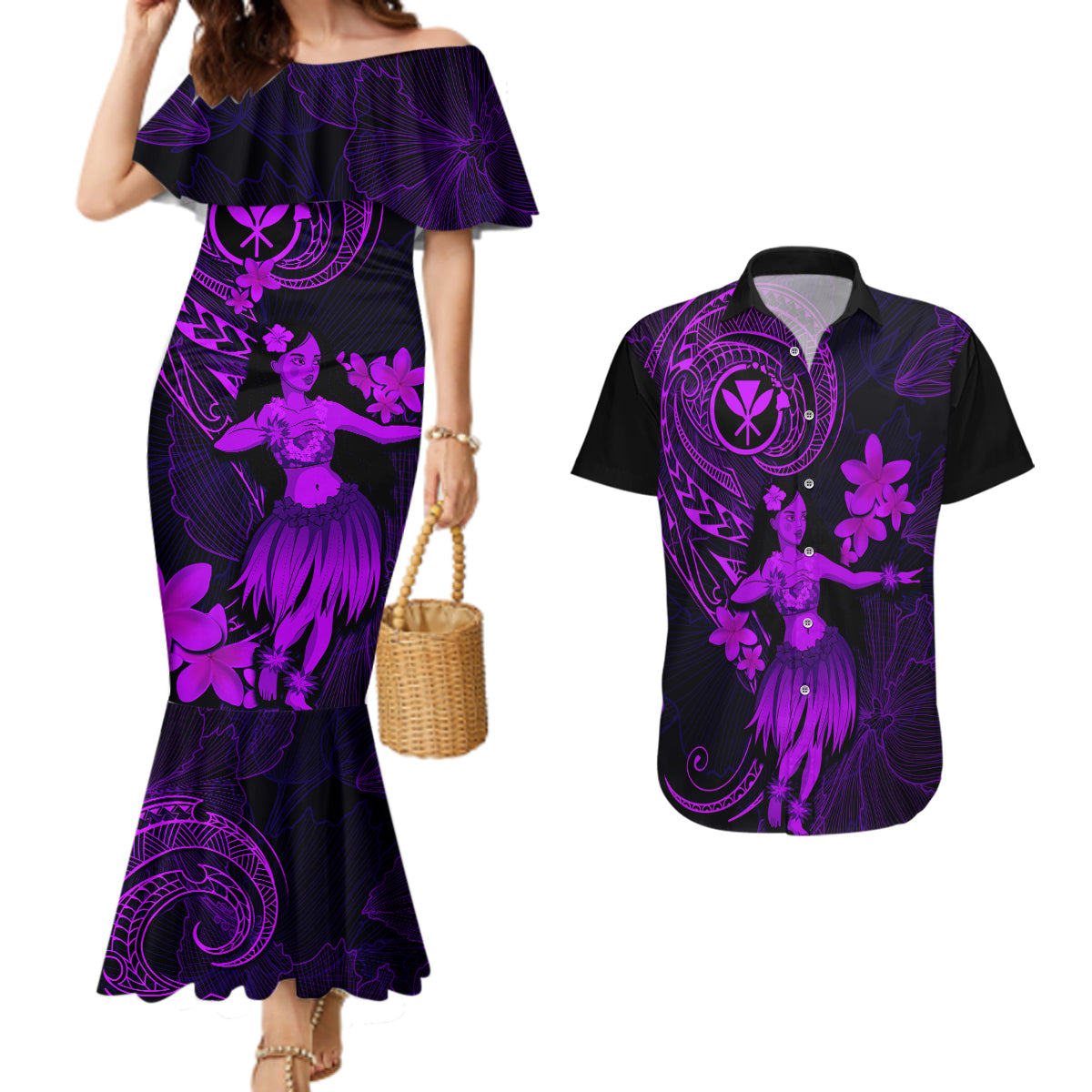 Hawaii Couples Matching Mermaid Dress and Hawaiian Shirt Hula Girl Mix Polynesian Plumeria Purple Version LT14 Purple - Polynesian Pride