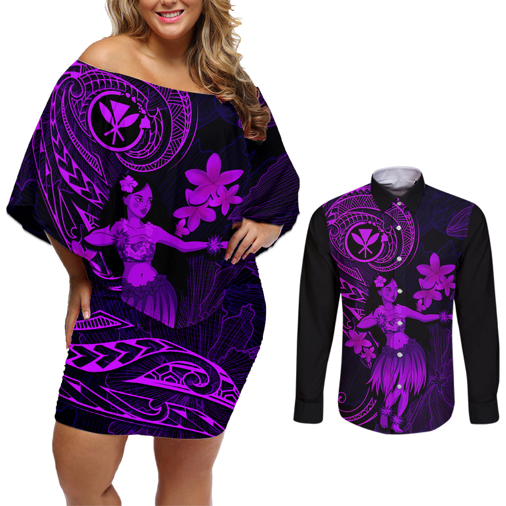 Hawaii Couples Matching Off Shoulder Short Dress and Long Sleeve Button Shirts Hula Girl Mix Polynesian Plumeria Purple Version LT14 Purple - Polynesian Pride