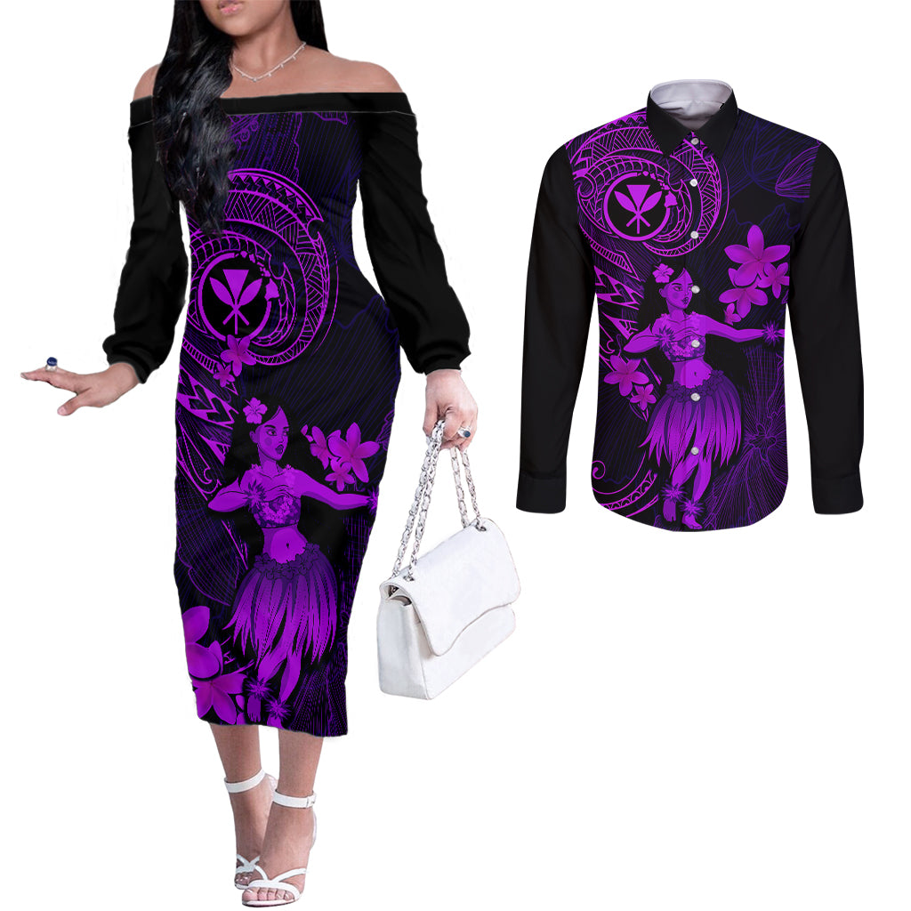 Hawaii Couples Matching Off The Shoulder Long Sleeve Dress and Long Sleeve Button Shirts Hula Girl Mix Polynesian Plumeria Purple Version LT14 Purple - Polynesian Pride