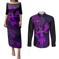 Hawaii Couples Matching Puletasi Dress and Long Sleeve Button Shirts Hula Girl Mix Polynesian Plumeria Purple Version LT14 Purple - Polynesian Pride