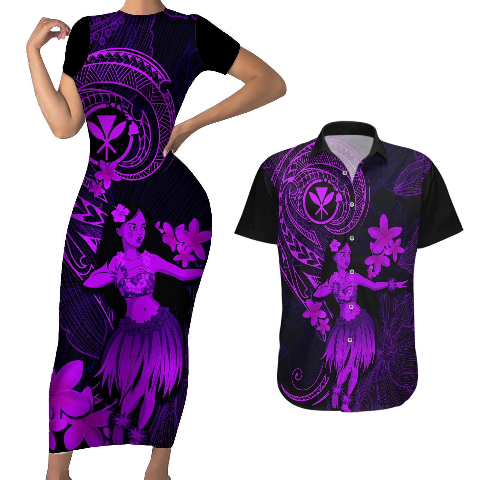 Hawaii Couples Matching Short Sleeve Bodycon Dress and Hawaiian Shirt Hula Girl Mix Polynesian Plumeria Purple Version LT14 Purple - Polynesian Pride