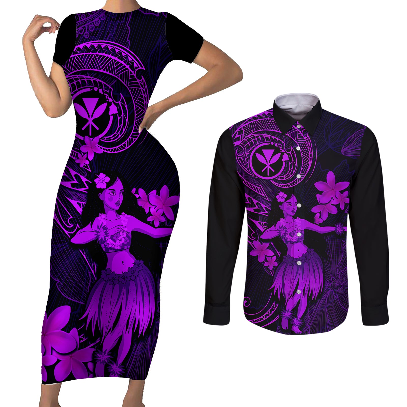 Hawaii Couples Matching Short Sleeve Bodycon Dress and Long Sleeve Button Shirts Hula Girl Mix Polynesian Plumeria Purple Version LT14 Purple - Polynesian Pride