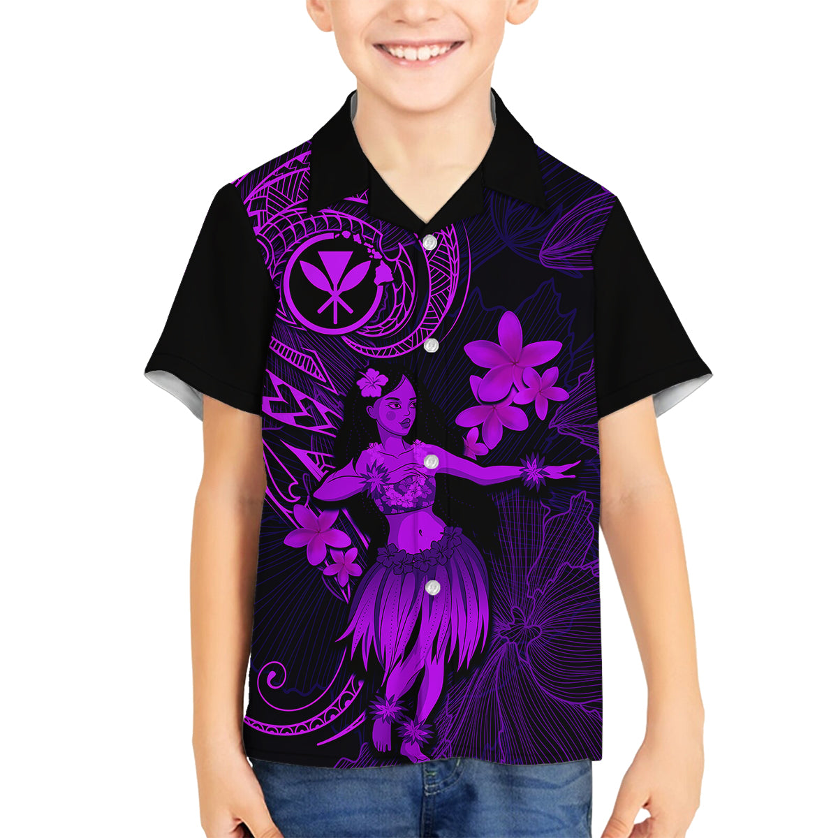 Hawaii Family Matching Mermaid Dress and Hawaiian Shirt Hula Girl Mix Polynesian Plumeria Purple Version LT14 Son's Shirt Purple - Polynesian Pride