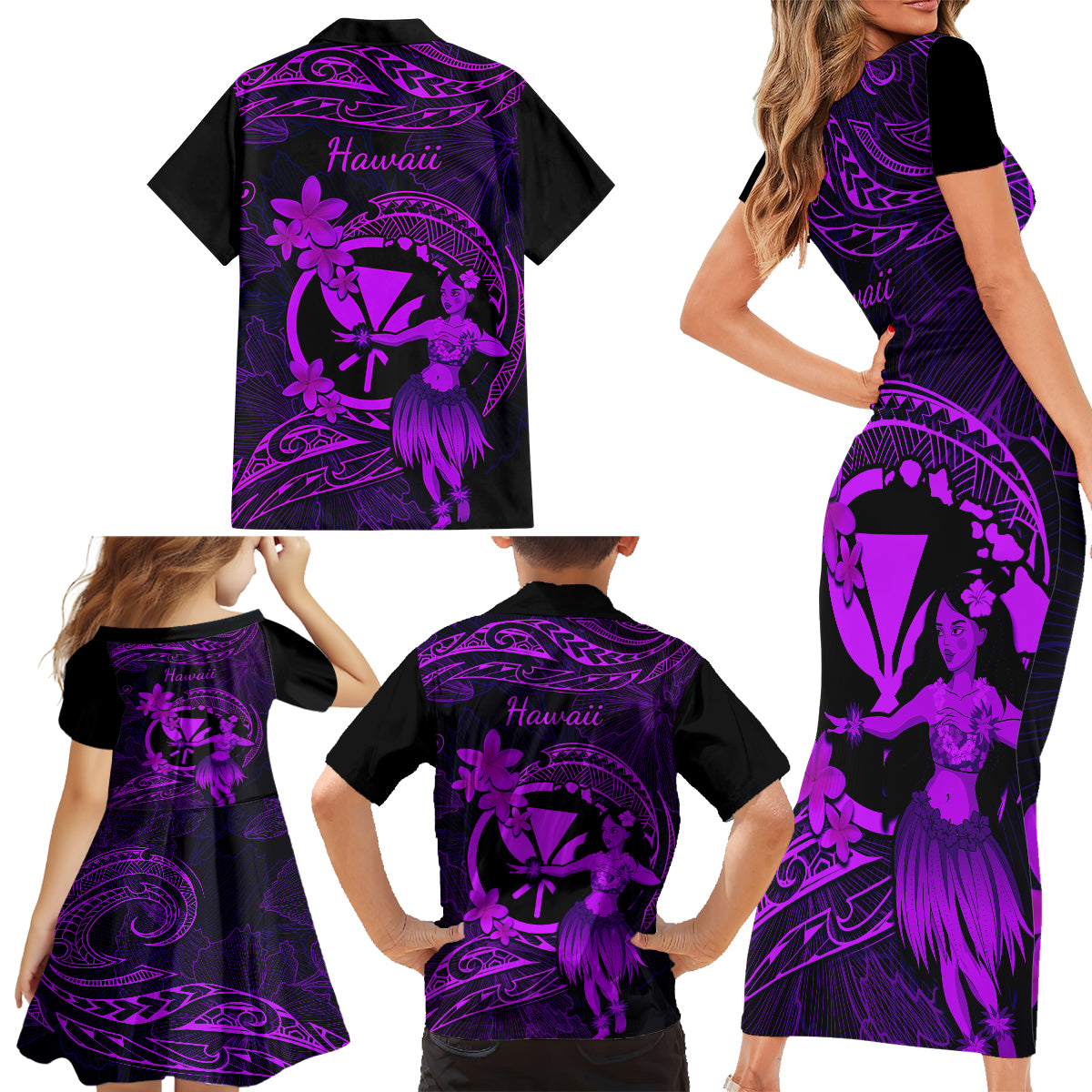 Hawaii Family Matching Short Sleeve Bodycon Dress and Hawaiian Shirt Hula Girl Mix Polynesian Plumeria Purple Version LT14 - Polynesian Pride