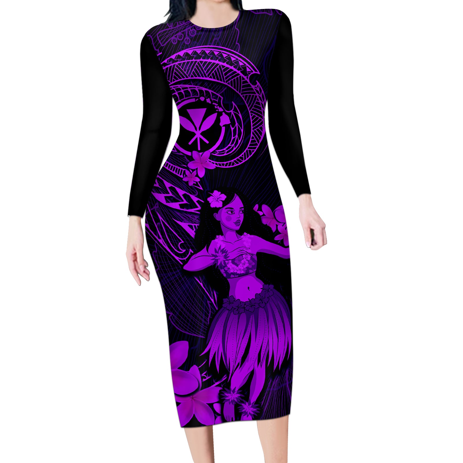 Hawaii Long Sleeve Bodycon Dress Hula Girl Mix Polynesian Plumeria Purple Version LT14 Long Dress Purple - Polynesian Pride