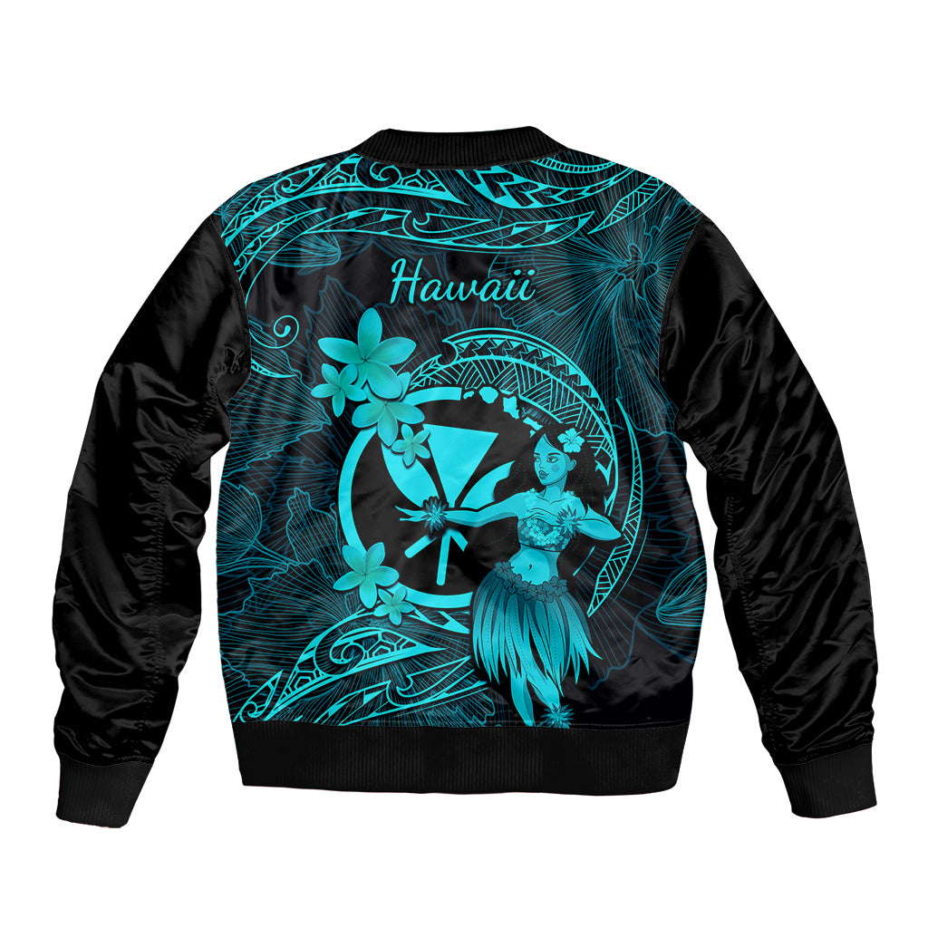 Hawaii Bomber Jacket Hula Girl Mix Polynesian Plumeria Turquoise Version LT14 - Polynesian Pride