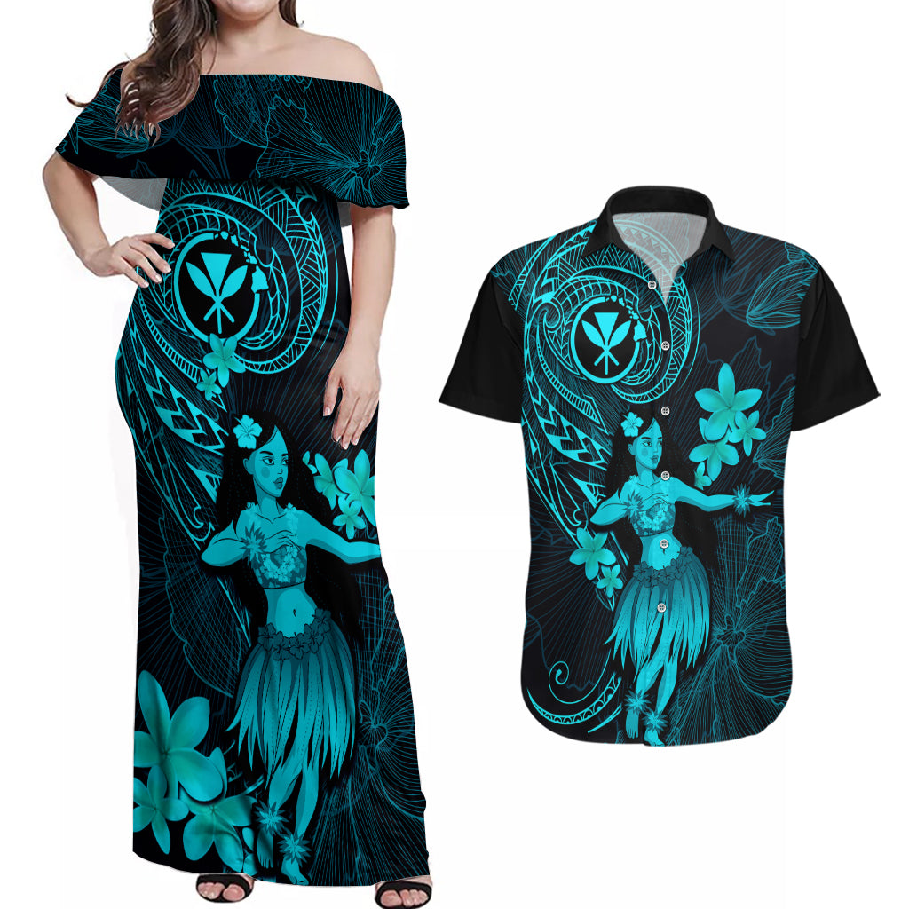 Hawaii Couples Matching Off Shoulder Maxi Dress and Hawaiian Shirt Hula Girl Mix Polynesian Plumeria Turquoise Version LT14 Turquoise - Polynesian Pride