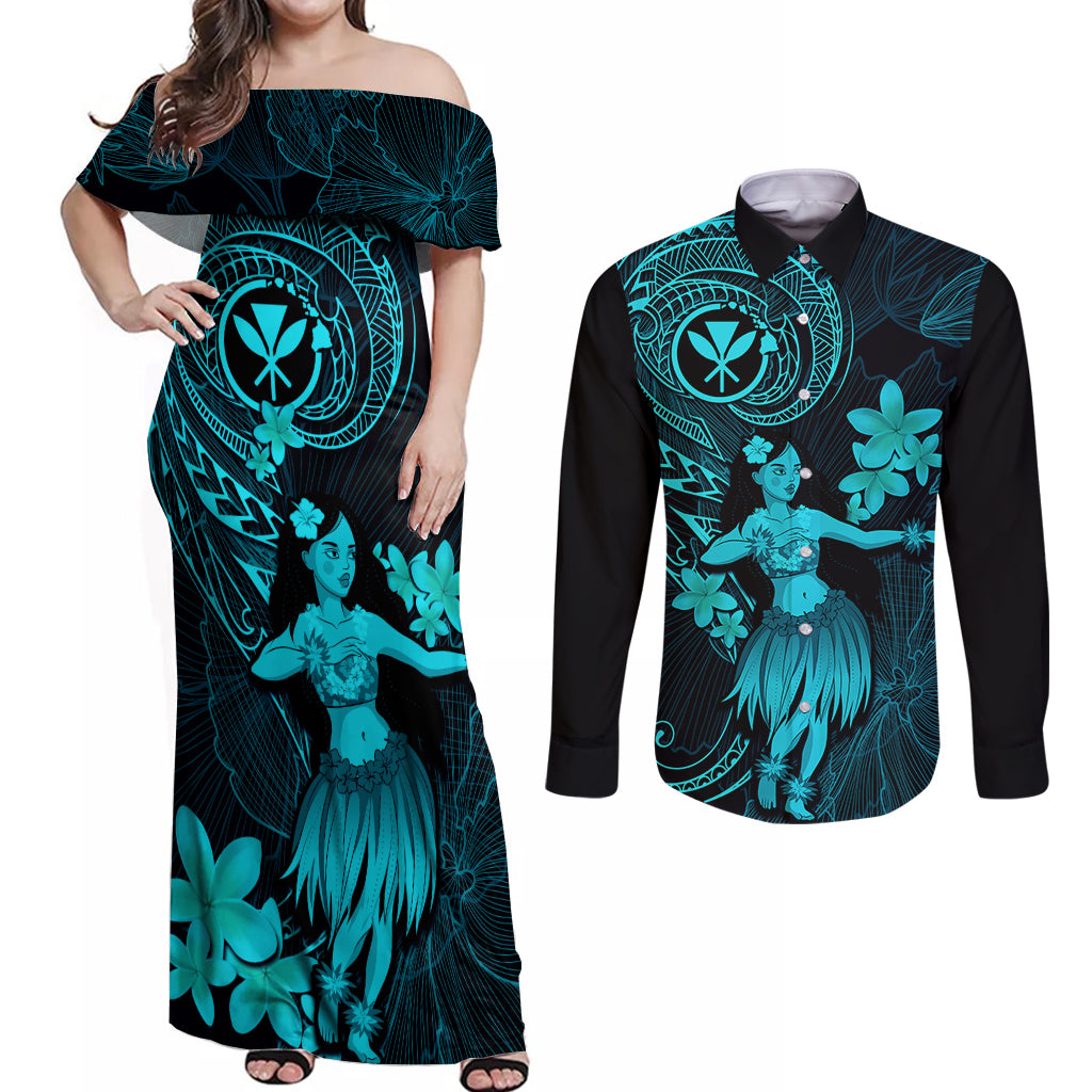 Hawaii Couples Matching Off Shoulder Maxi Dress and Long Sleeve Button Shirts Hula Girl Mix Polynesian Plumeria Turquoise Version LT14 Turquoise - Polynesian Pride