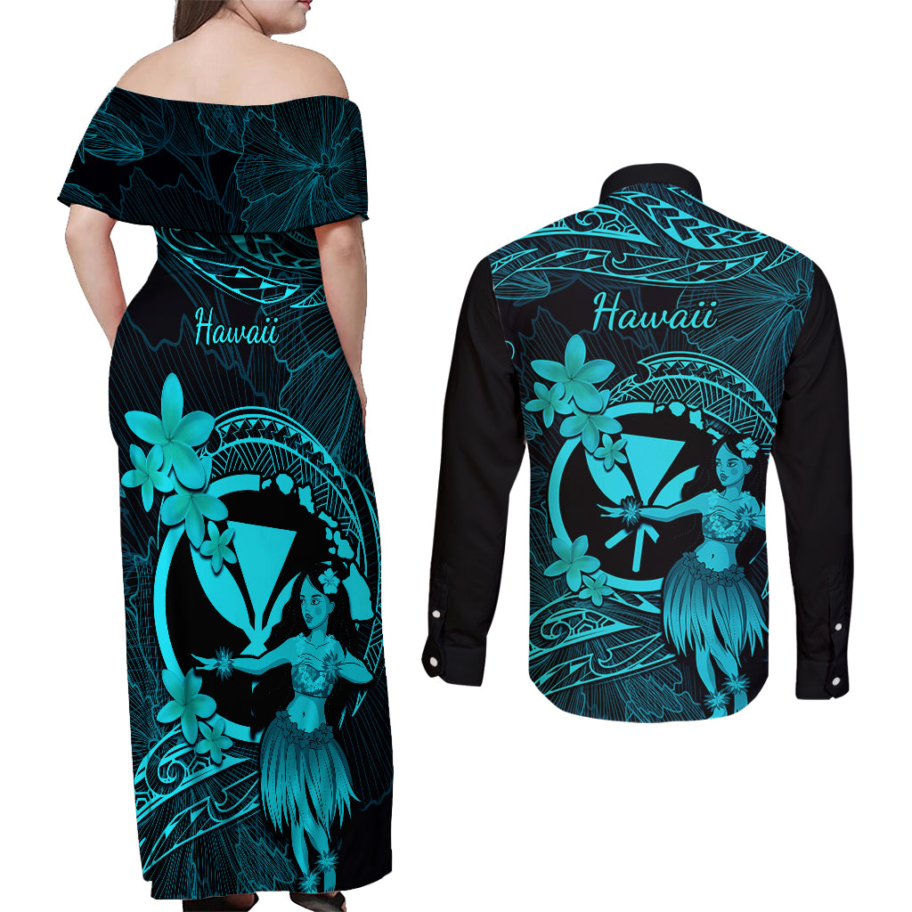 Hawaii Couples Matching Off Shoulder Maxi Dress and Long Sleeve Button Shirts Hula Girl Mix Polynesian Plumeria Turquoise Version LT14 - Polynesian Pride