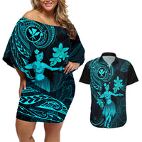 Hawaii Couples Matching Off Shoulder Short Dress and Hawaiian Shirt Hula Girl Mix Polynesian Plumeria Turquoise Version LT14 Turquoise - Polynesian Pride