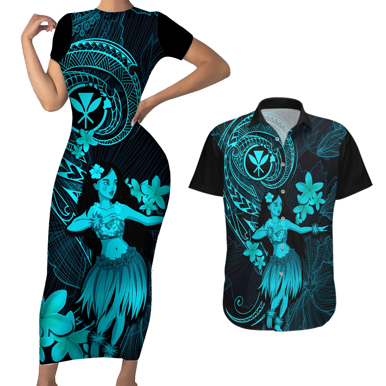 Hawaii Couples Matching Short Sleeve Bodycon Dress and Hawaiian Shirt Hula Girl Mix Polynesian Plumeria Turquoise Version LT14 Turquoise - Polynesian Pride