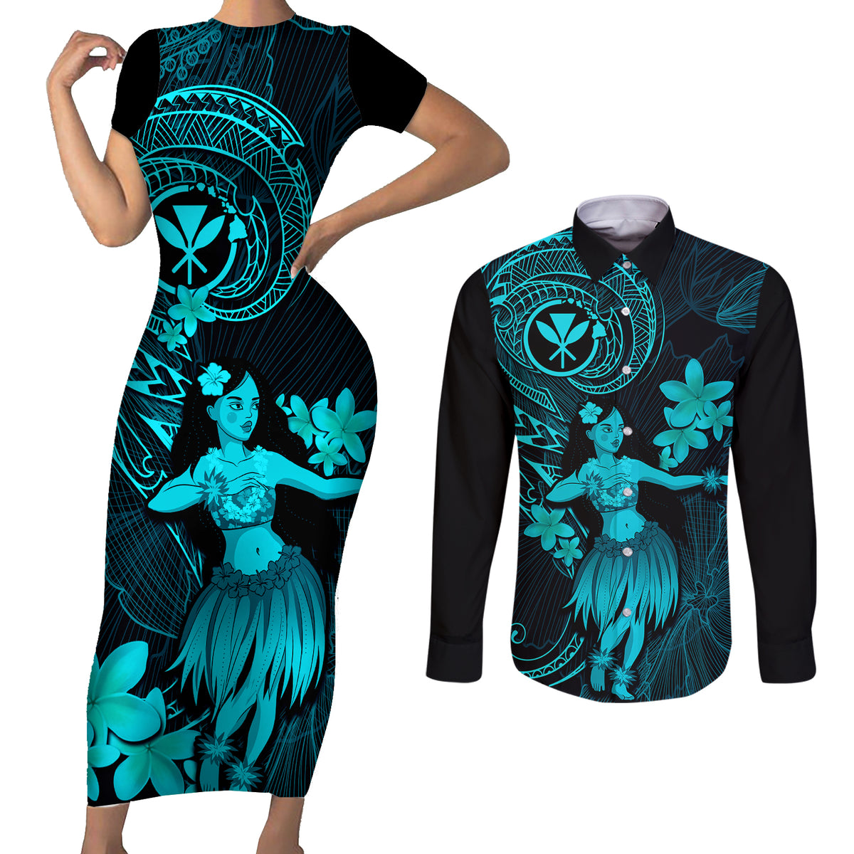 Hawaii Couples Matching Short Sleeve Bodycon Dress and Long Sleeve Button Shirts Hula Girl Mix Polynesian Plumeria Turquoise Version LT14 Turquoise - Polynesian Pride