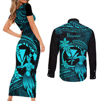 Hawaii Couples Matching Short Sleeve Bodycon Dress and Long Sleeve Button Shirts Hula Girl Mix Polynesian Plumeria Turquoise Version LT14 - Polynesian Pride