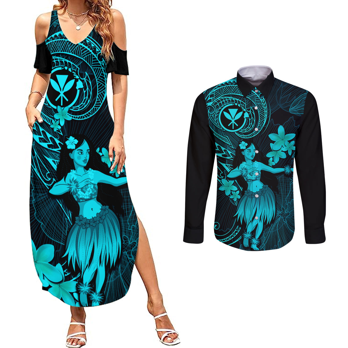 Hawaii Couples Matching Summer Maxi Dress and Long Sleeve Button Shirts Hula Girl Mix Polynesian Plumeria Turquoise Version LT14 Turquoise - Polynesian Pride