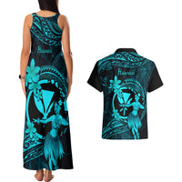 Hawaii Couples Matching Tank Maxi Dress and Hawaiian Shirt Hula Girl Mix Polynesian Plumeria Turquoise Version LT14 - Polynesian Pride
