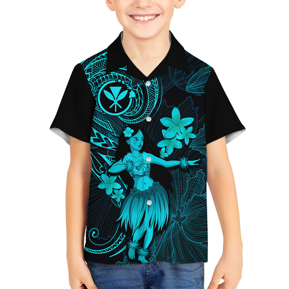 Hawaii Family Matching Off Shoulder Long Sleeve Dress and Hawaiian Shirt Hula Girl Mix Polynesian Plumeria Turquoise Version LT14 Son's Shirt Turquoise - Polynesian Pride