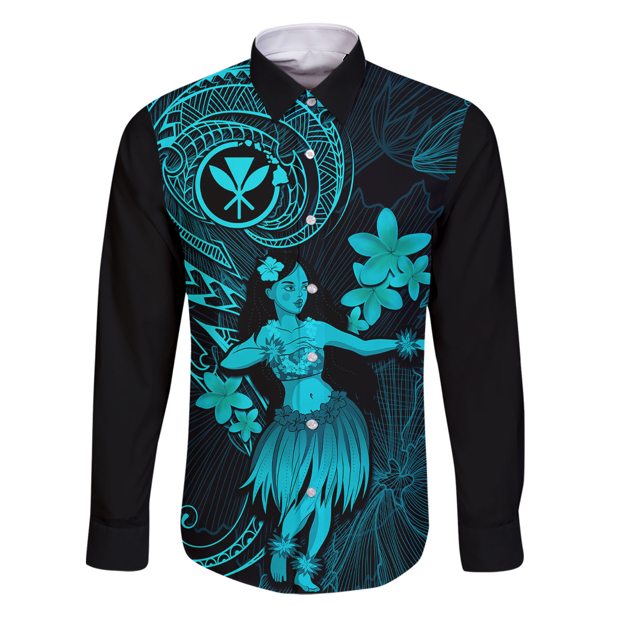Hawaii Family Matching Off Shoulder Short Dress and Hawaiian Shirt Hula Girl Mix Polynesian Plumeria Turquoise Version LT14 Dad's Shirt - Long Sleeve Turquoise - Polynesian Pride