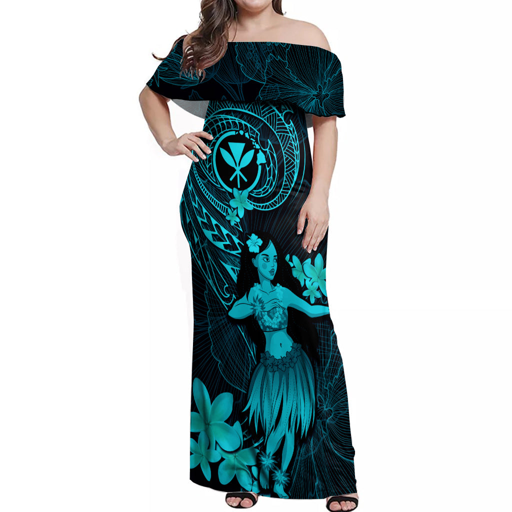 Hawaii Off Shoulder Maxi Dress Hula Girl Mix Polynesian Plumeria Turquoise Version LT14 Women Turquoise - Polynesian Pride