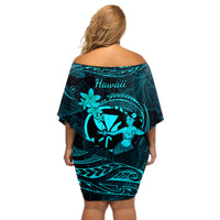 Hawaii Off Shoulder Short Dress Hula Girl Mix Polynesian Plumeria Turquoise Version LT14 - Polynesian Pride