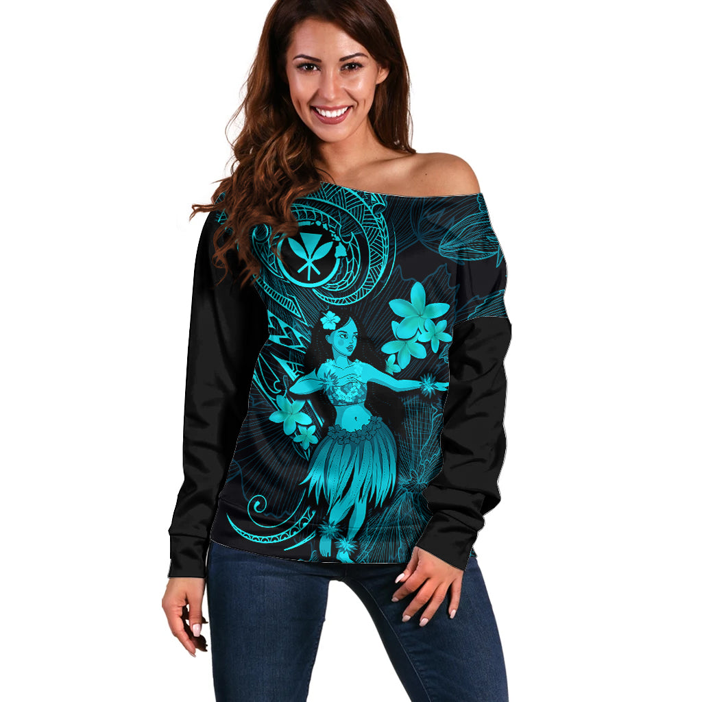 Hawaii Off Shoulder Sweater Hula Girl Mix Polynesian Plumeria Turquoise Version LT14 Women Turquoise - Polynesian Pride