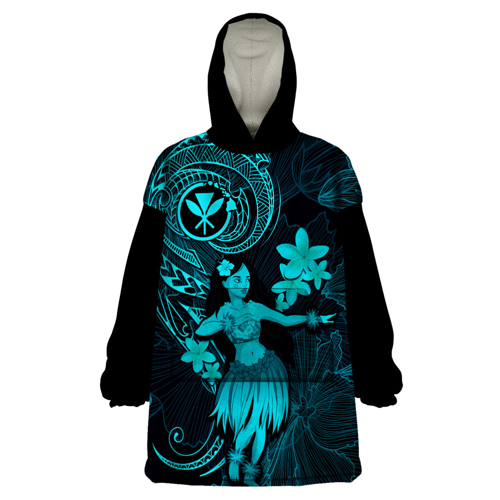 Hawaii Wearable Blanket Hoodie Hula Girl Mix Polynesian Plumeria Turquoise Version LT14 One Size Turquoise - Polynesian Pride