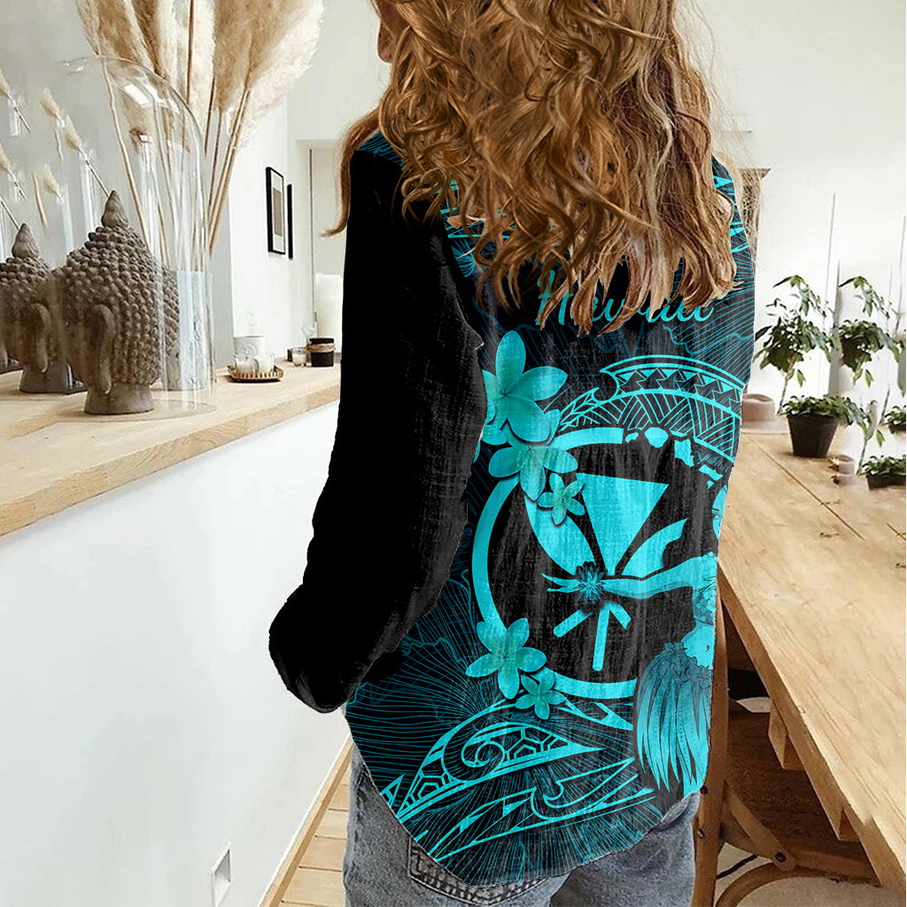 Hawaii Women Casual Shirt Hula Girl Mix Polynesian Plumeria Turquoise Version LT14 - Polynesian Pride