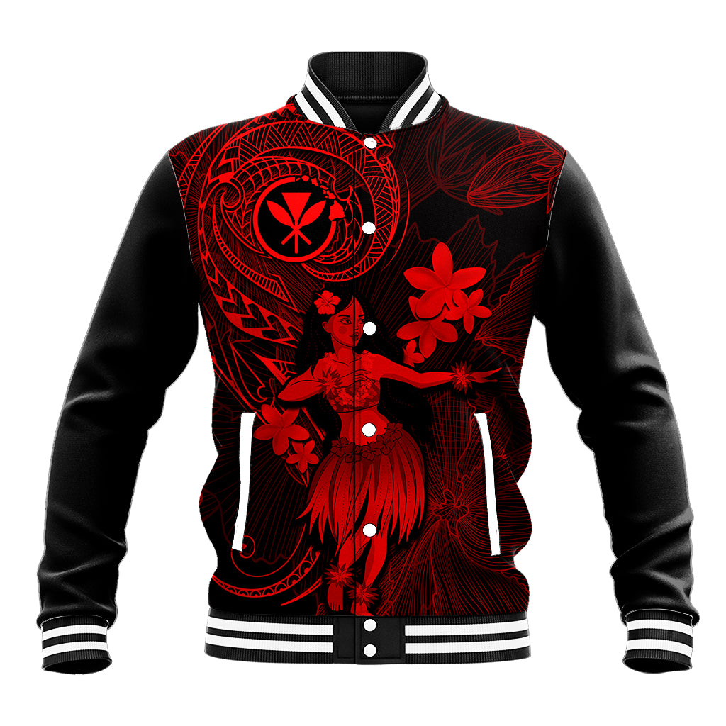 Hawaii Baseball Jacket Hula Girl Mix Polynesian Plumeria Red Version LT14 Unisex Red - Polynesian Pride