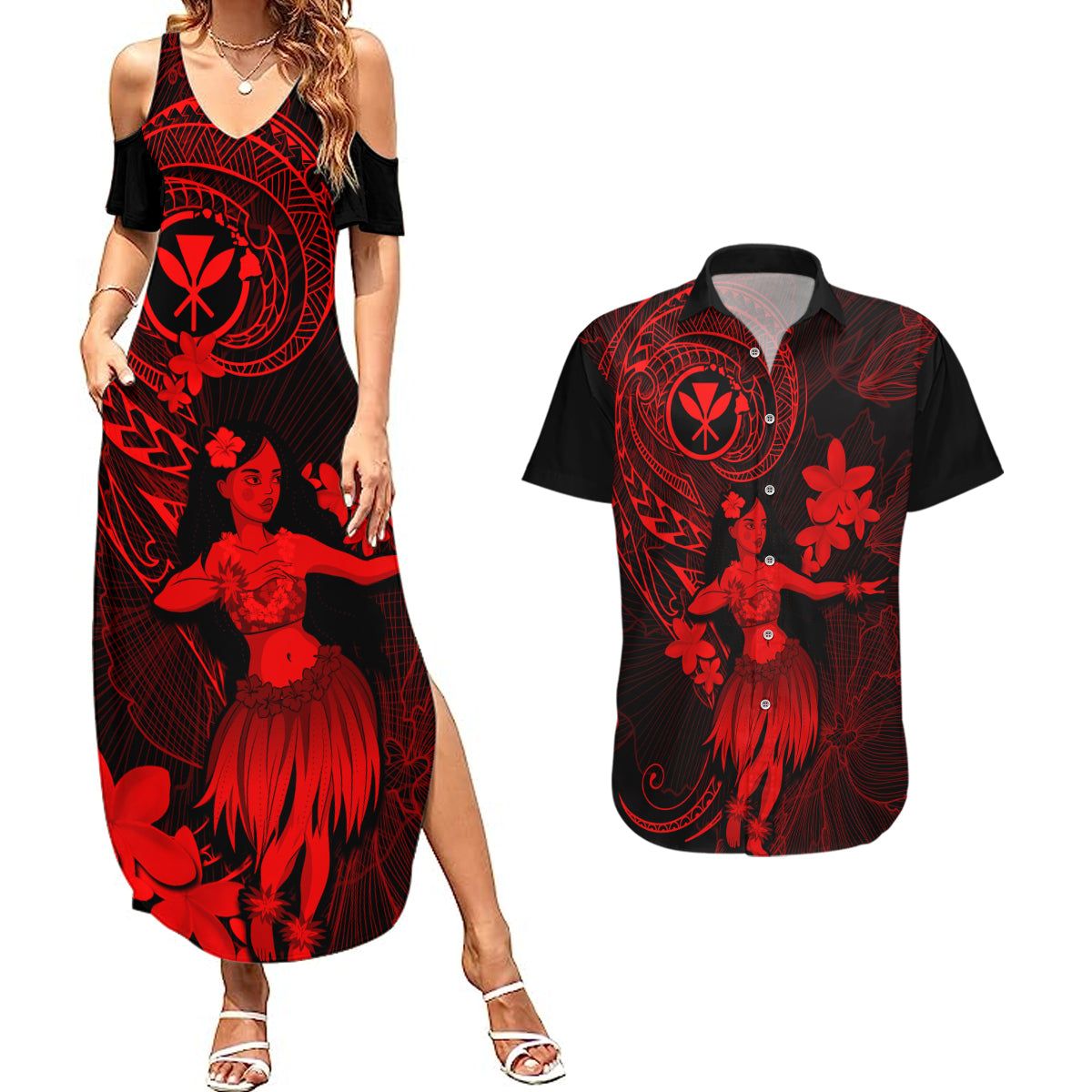 Hawaii Couples Matching Summer Maxi Dress and Hawaiian Shirt Hula Girl Mix Polynesian Plumeria Red Version LT14 Red - Polynesian Pride