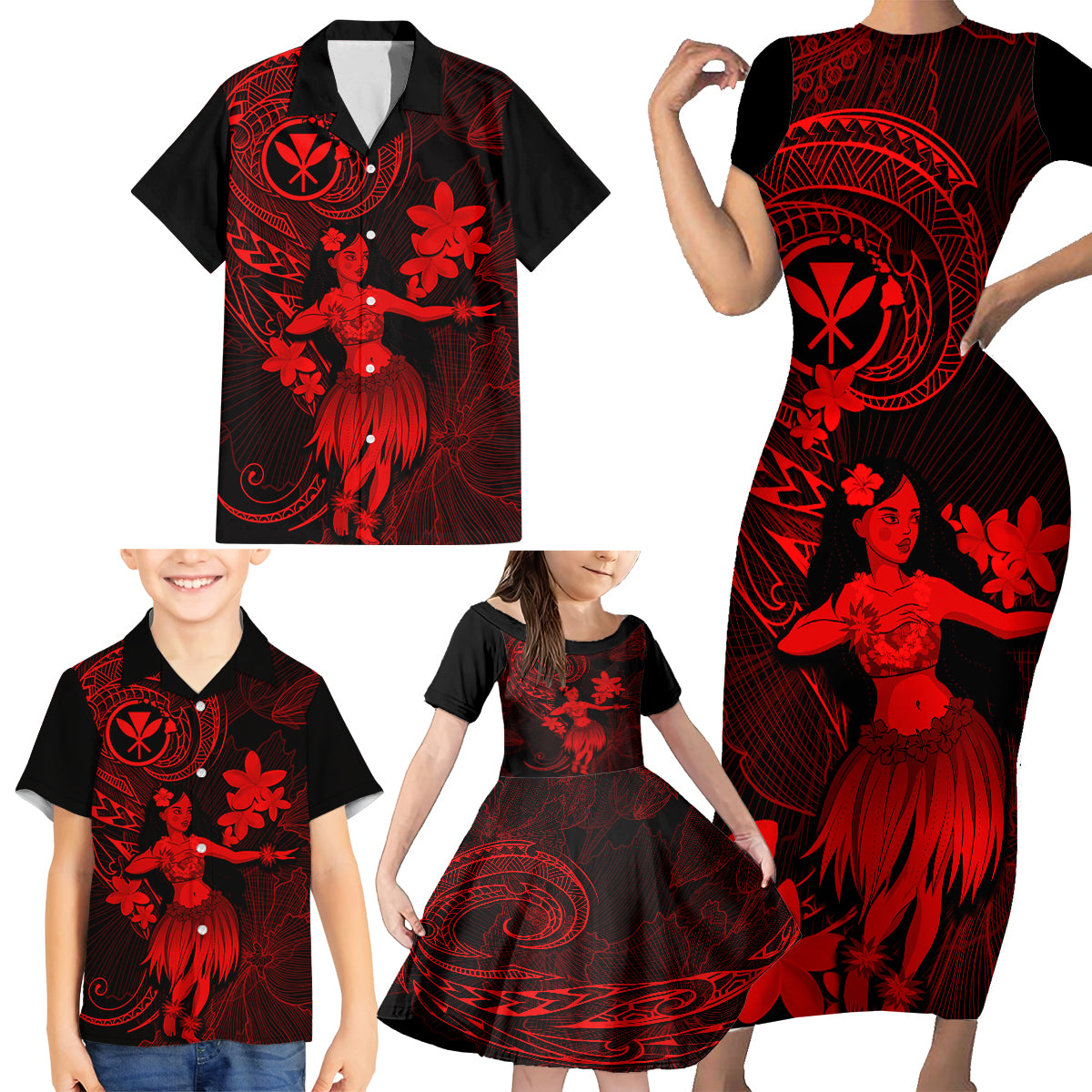 Hawaii Family Matching Short Sleeve Bodycon Dress and Hawaiian Shirt Hula Girl Mix Polynesian Plumeria Red Version LT14 - Polynesian Pride