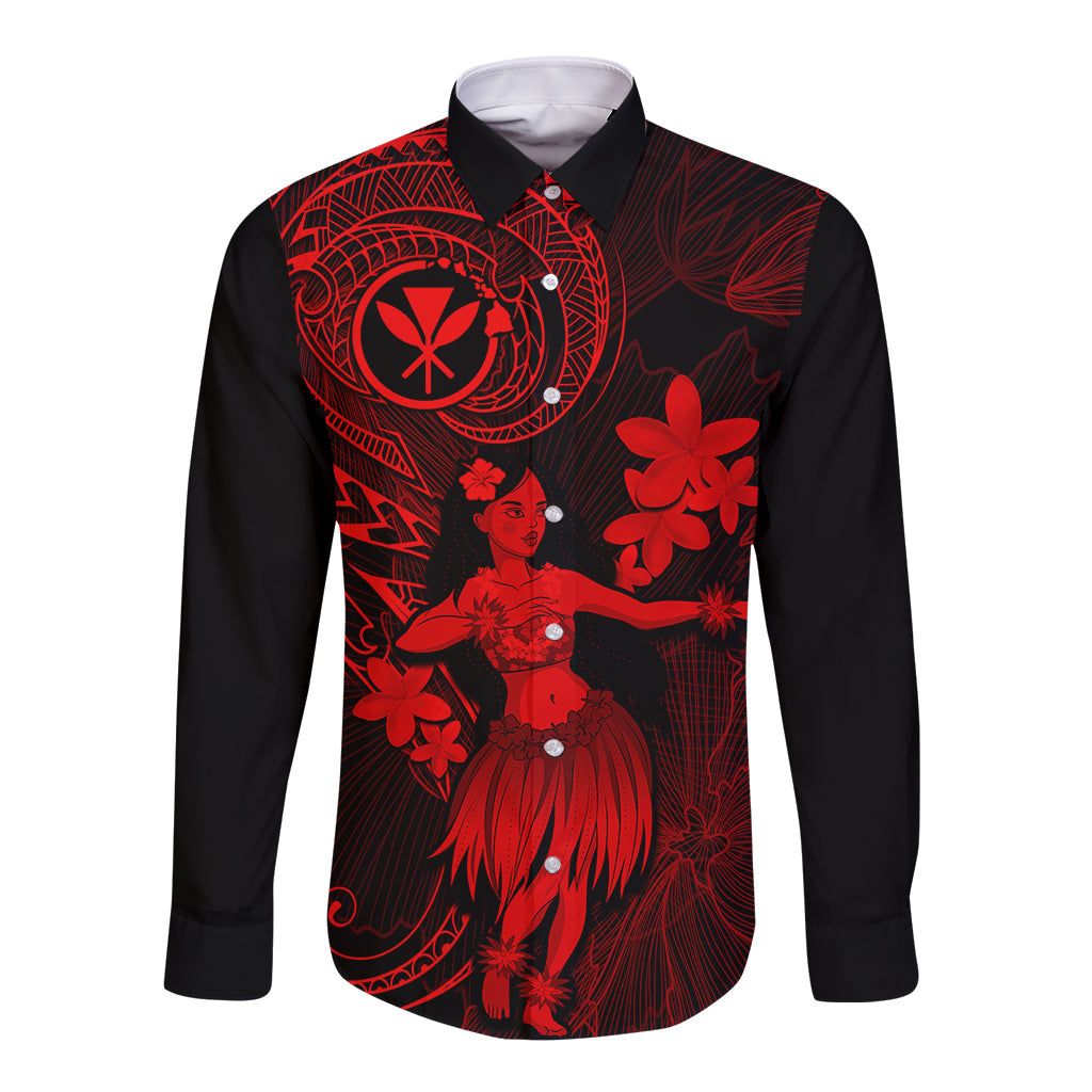 Hawaii Long Sleeve Button Shirt Hula Girl Mix Polynesian Plumeria Red Version LT14 Unisex Red - Polynesian Pride