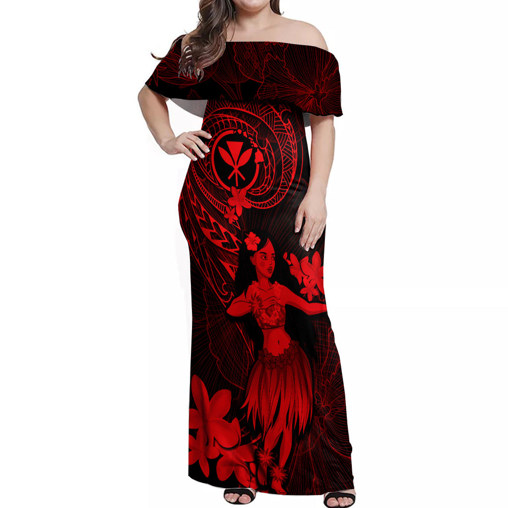 Hawaii Off Shoulder Maxi Dress Hula Girl Mix Polynesian Plumeria Red Version LT14 Women Red - Polynesian Pride