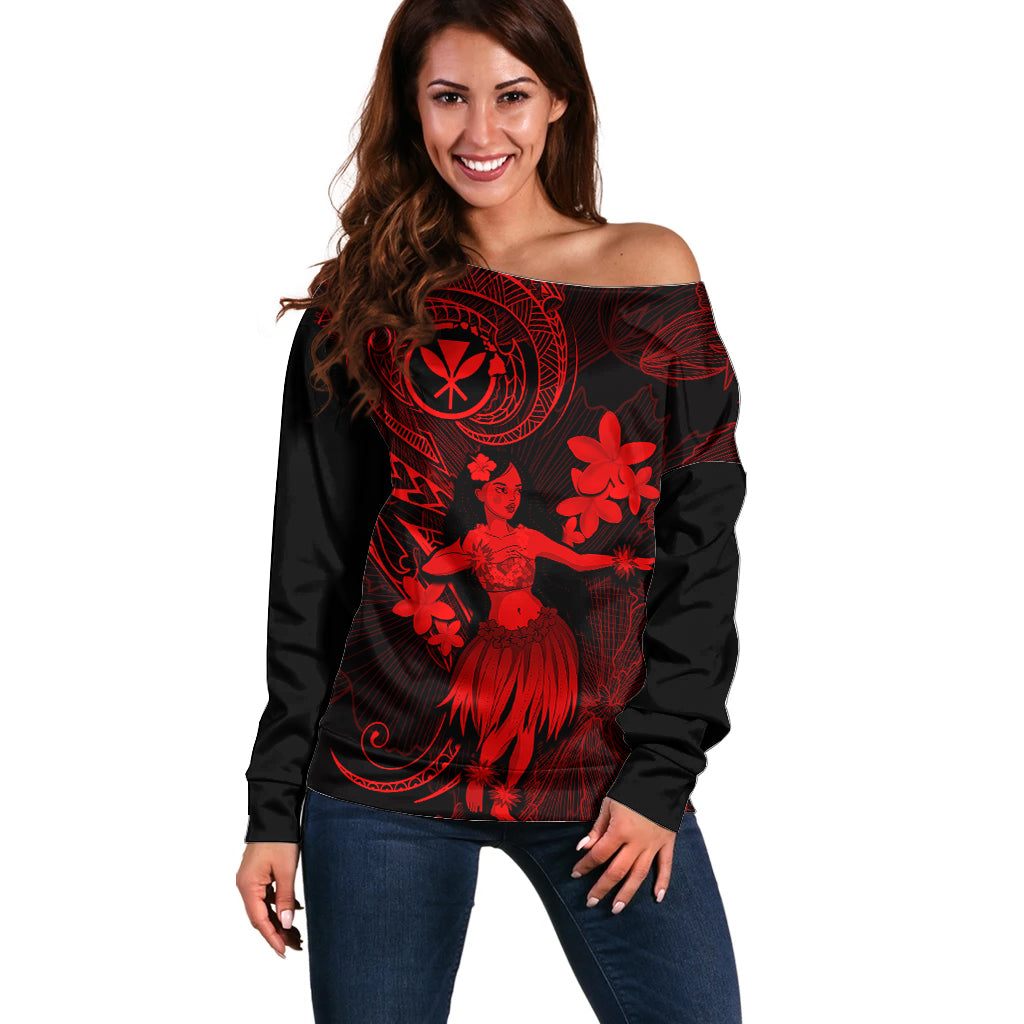 Hawaii Off Shoulder Sweater Hula Girl Mix Polynesian Plumeria Red Version LT14 Women Red - Polynesian Pride