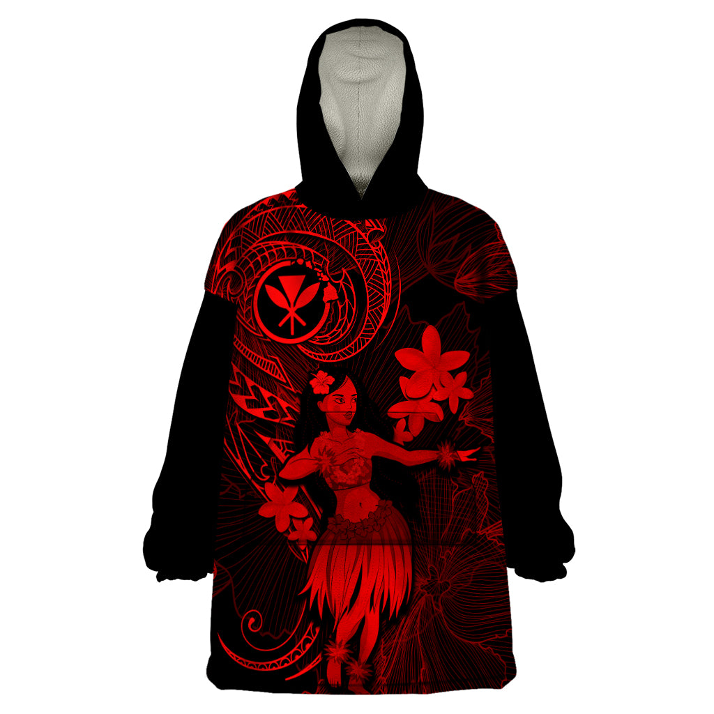 Hawaii Wearable Blanket Hoodie Hula Girl Mix Polynesian Plumeria Red Version LT14 One Size Red - Polynesian Pride