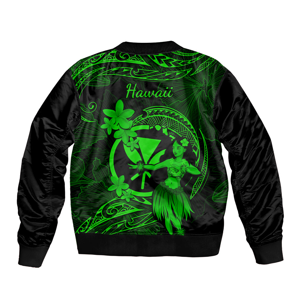 Hawaii Bomber Jacket Hula Girl Mix Polynesian Plumeria Green Version LT14 - Polynesian Pride