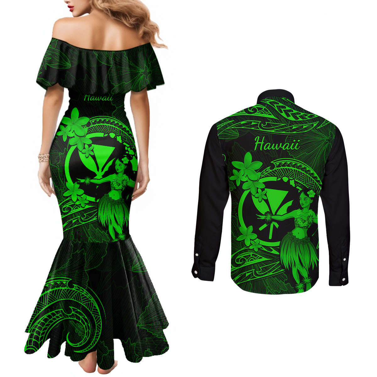 Hawaii Couples Matching Mermaid Dress and Long Sleeve Button Shirts Hula Girl Mix Polynesian Plumeria Green Version LT14 - Polynesian Pride