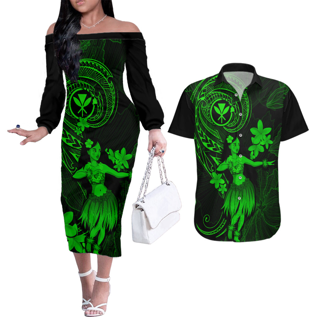 Hawaii Couples Matching Off The Shoulder Long Sleeve Dress and Hawaiian Shirt Hula Girl Mix Polynesian Plumeria Green Version LT14 Green - Polynesian Pride