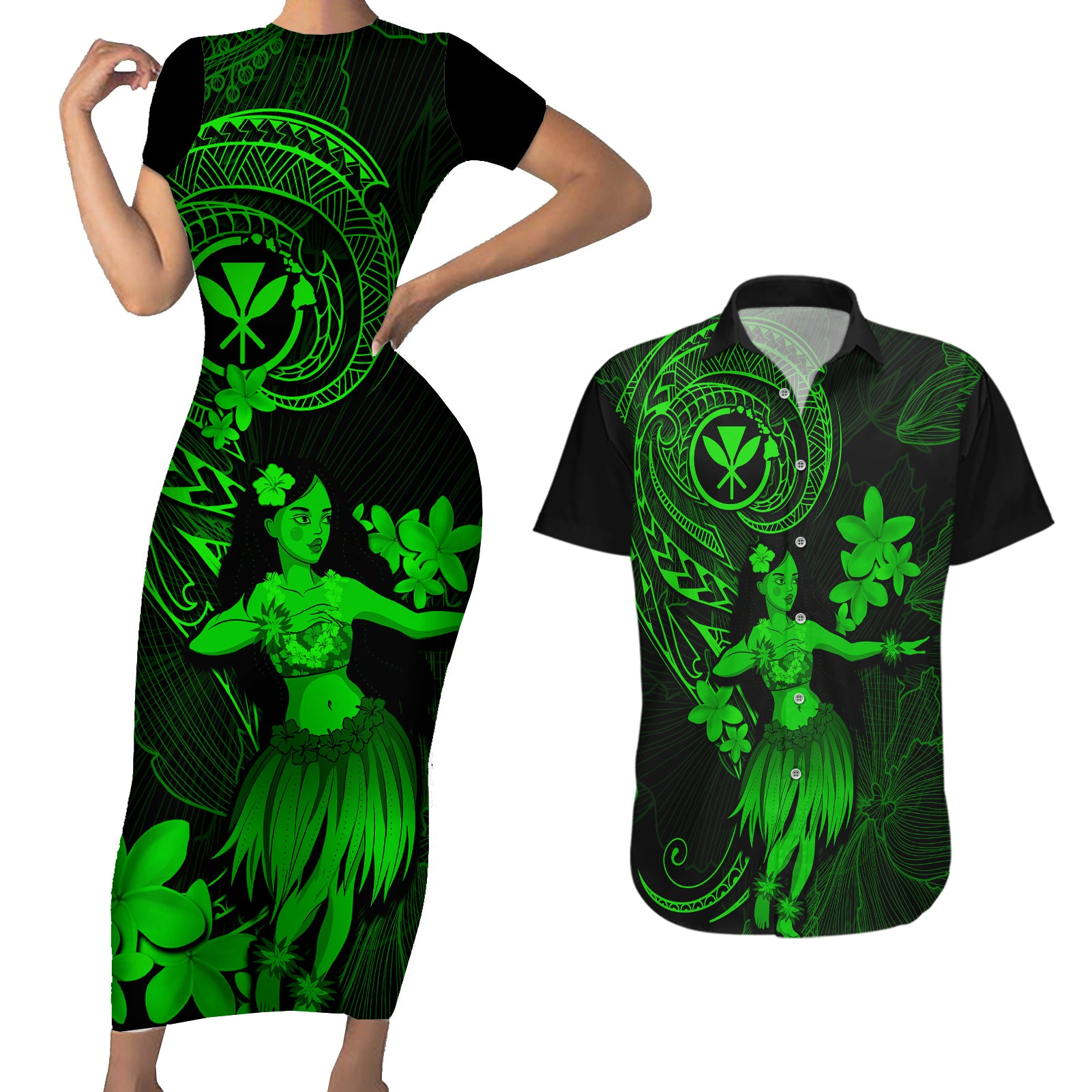 Hawaii Couples Matching Short Sleeve Bodycon Dress and Hawaiian Shirt Hula Girl Mix Polynesian Plumeria Green Version LT14 Green - Polynesian Pride