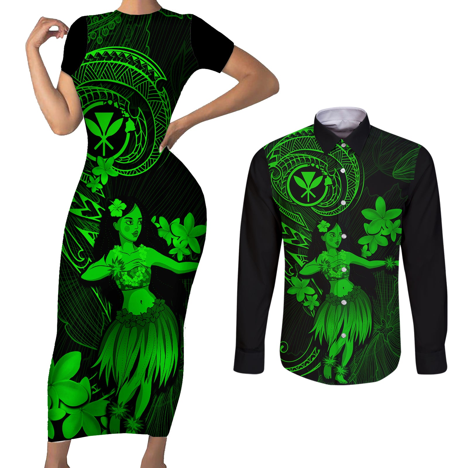 Hawaii Couples Matching Short Sleeve Bodycon Dress and Long Sleeve Button Shirts Hula Girl Mix Polynesian Plumeria Green Version LT14 Green - Polynesian Pride