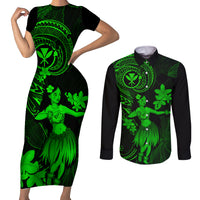 Hawaii Couples Matching Short Sleeve Bodycon Dress and Long Sleeve Button Shirts Hula Girl Mix Polynesian Plumeria Green Version LT14 Green - Polynesian Pride