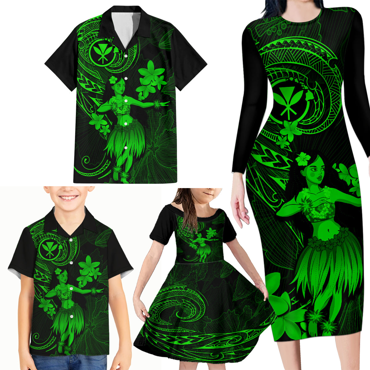 Hawaii Family Matching Long Sleeve Bodycon Dress and Hawaiian Shirt Hula Girl Mix Polynesian Plumeria Green Version LT14 - Polynesian Pride