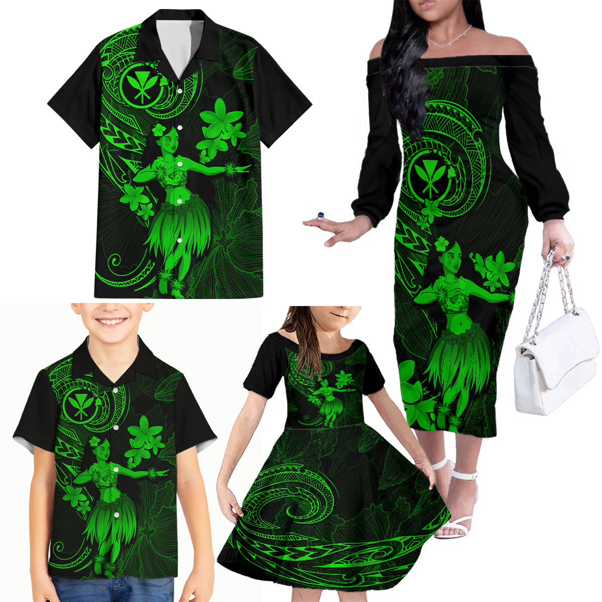 Hawaii Family Matching Off Shoulder Long Sleeve Dress and Hawaiian Shirt Hula Girl Mix Polynesian Plumeria Green Version LT14 - Polynesian Pride