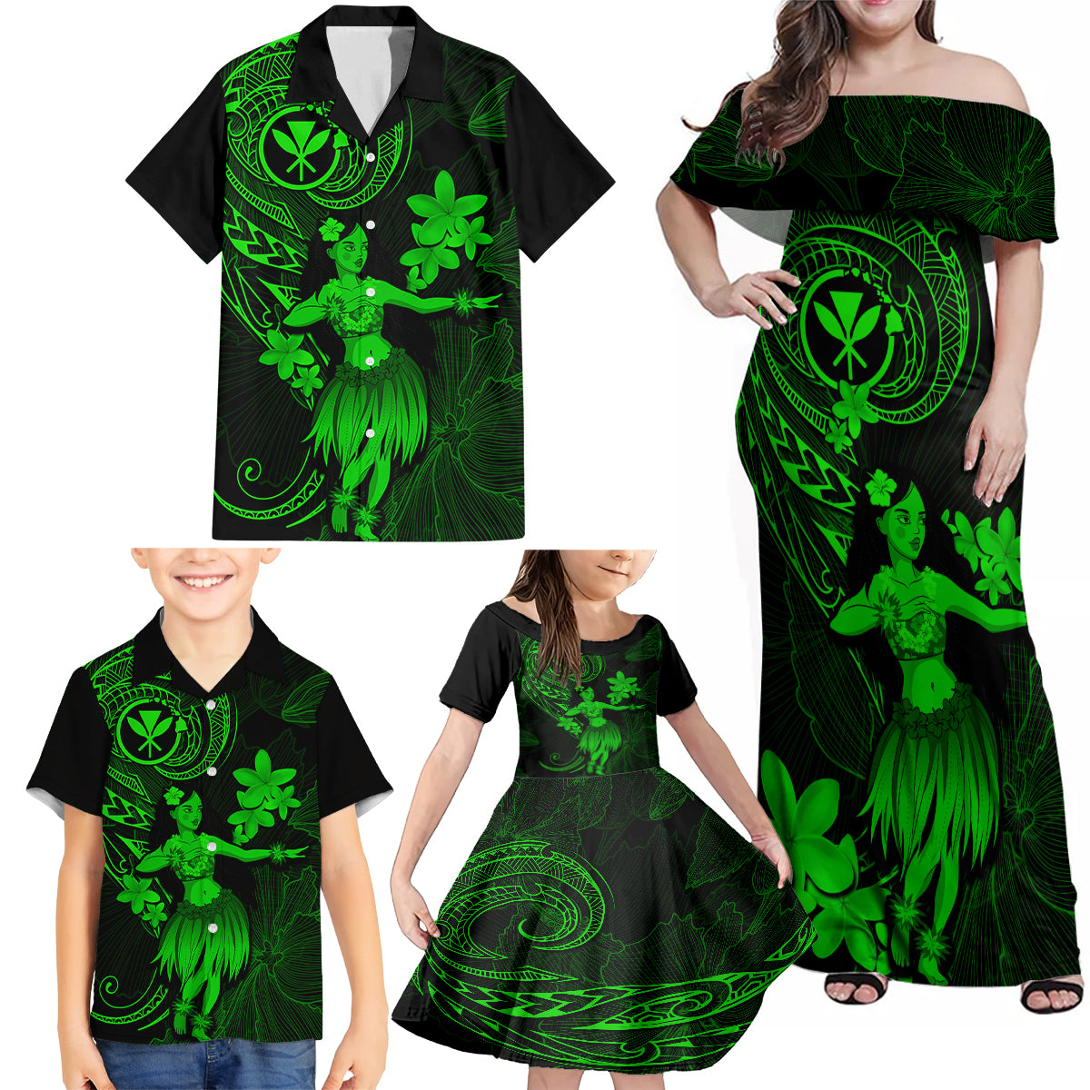 Hawaii Family Matching Off Shoulder Maxi Dress and Hawaiian Shirt Hula Girl Mix Polynesian Plumeria Green Version LT14 - Polynesian Pride