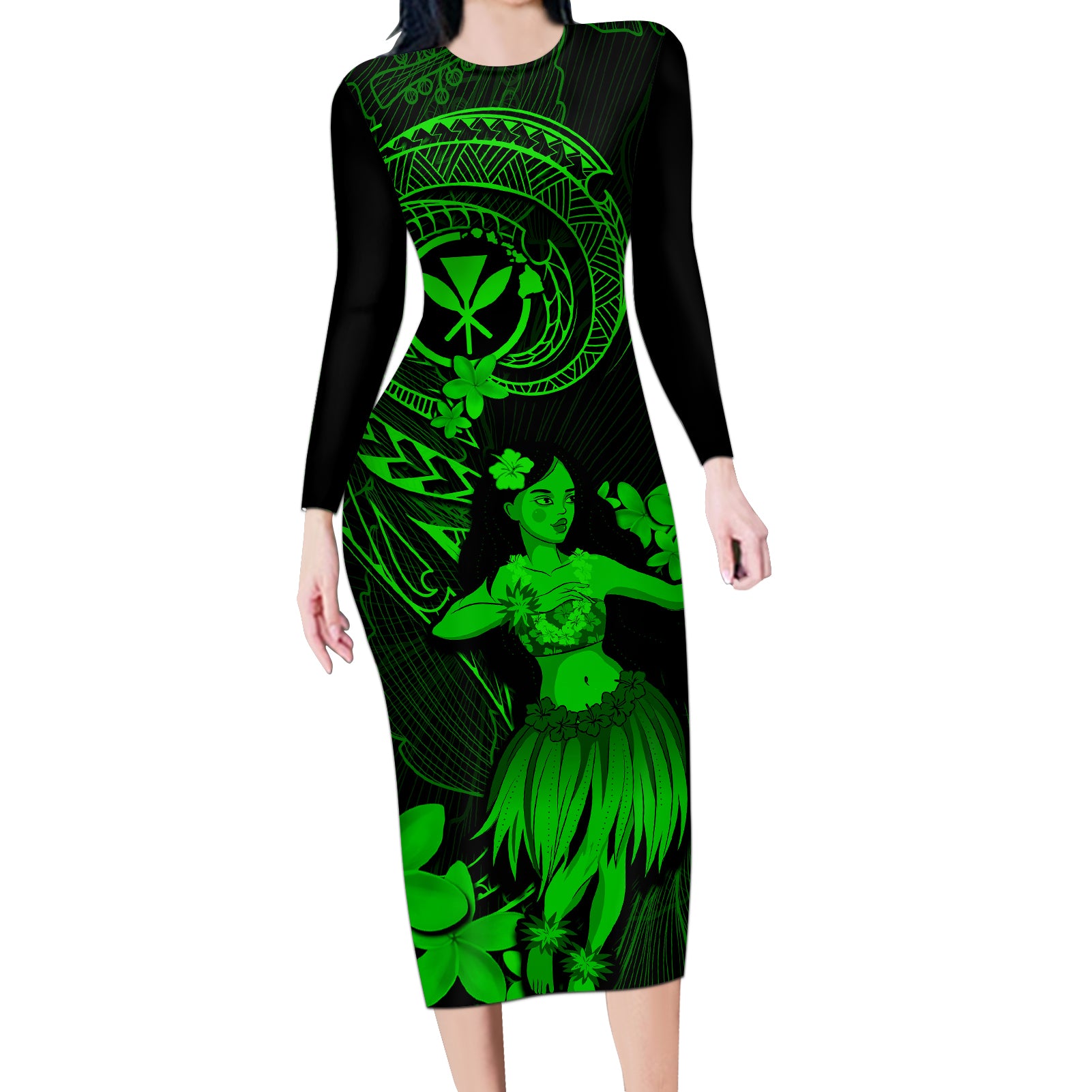 Hawaii Long Sleeve Bodycon Dress Hula Girl Mix Polynesian Plumeria Green Version LT14 Long Dress Green - Polynesian Pride