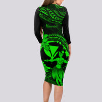 Hawaii Long Sleeve Bodycon Dress Hula Girl Mix Polynesian Plumeria Green Version LT14 - Polynesian Pride