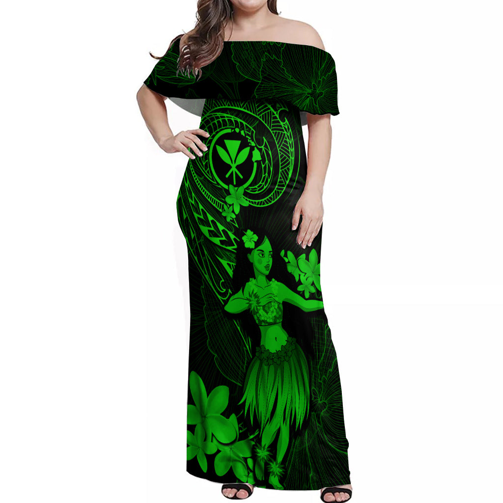 Hawaii Off Shoulder Maxi Dress Hula Girl Mix Polynesian Plumeria Green Version LT14 Women Green - Polynesian Pride