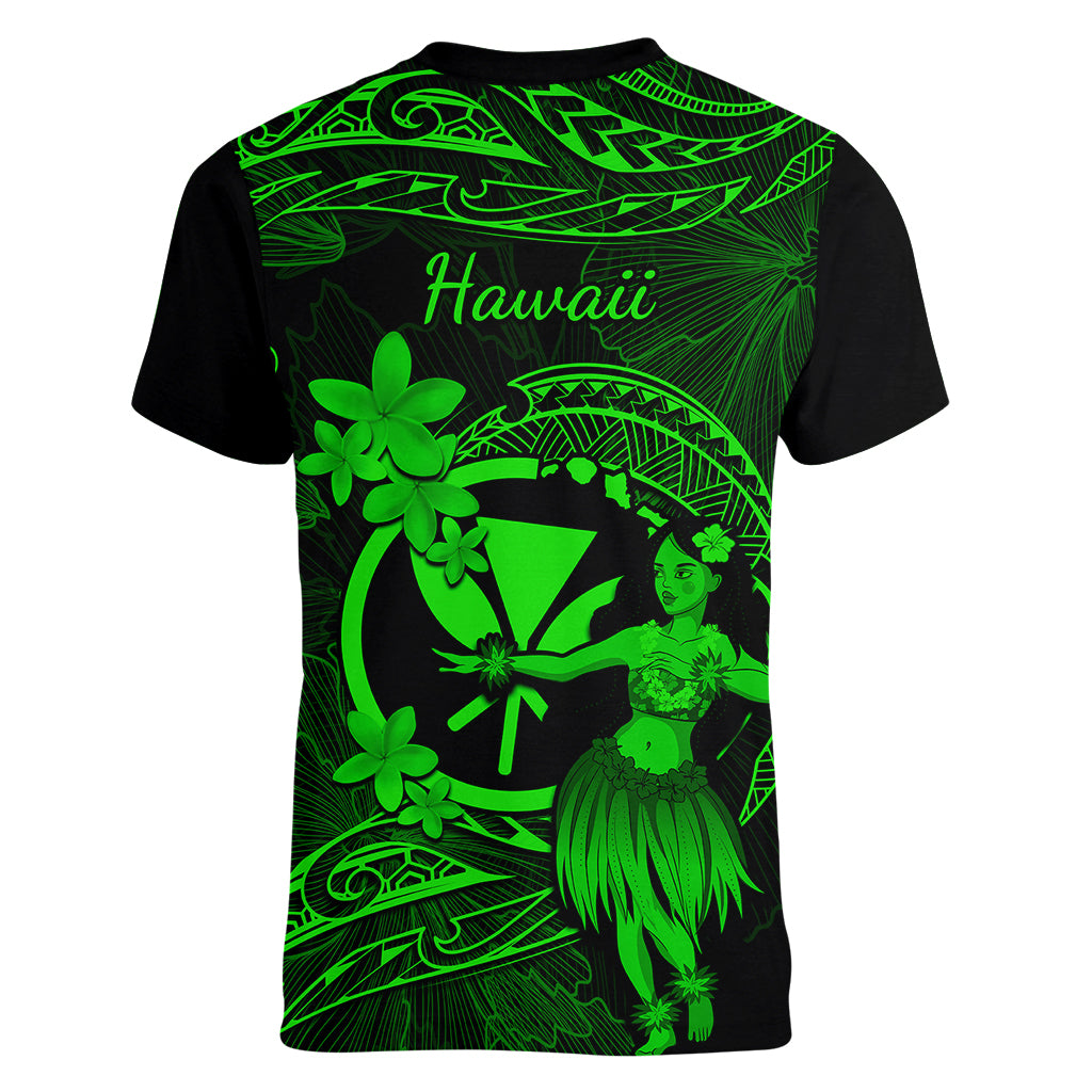 Hawaii Women V Neck T Shirt Hula Girl Mix Polynesian Plumeria Green Version LT14 - Polynesian Pride