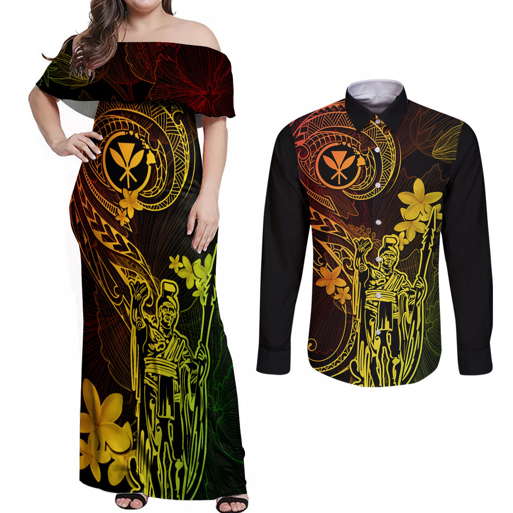 Hawaii Couples Matching Off Shoulder Maxi Dress and Long Sleeve Button Shirts King Kamehameha Mix Polynesian Plumeria Reggae Version LT14 Reggae - Polynesian Pride