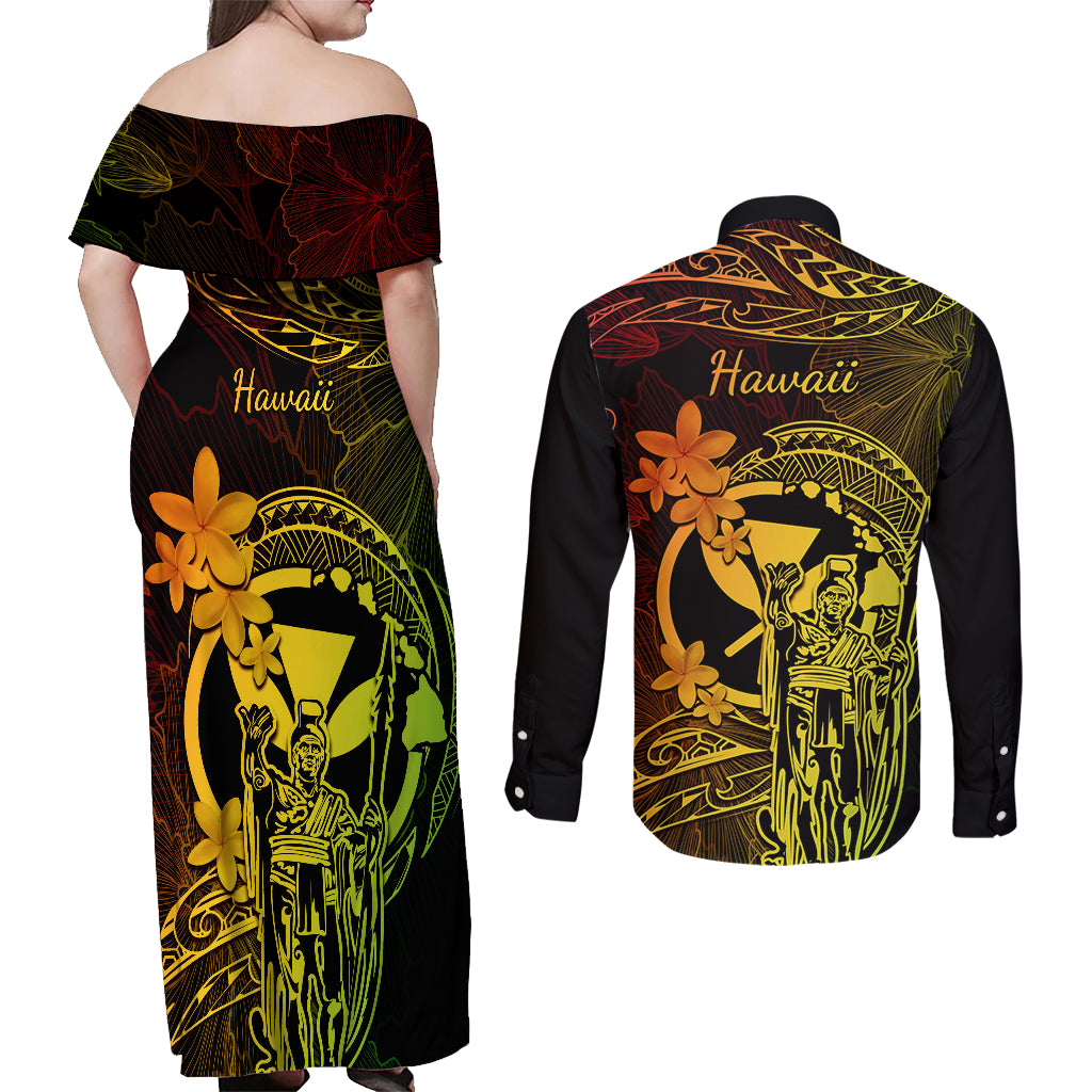 Hawaii Couples Matching Off Shoulder Maxi Dress and Long Sleeve Button Shirts King Kamehameha Mix Polynesian Plumeria Reggae Version LT14 - Polynesian Pride