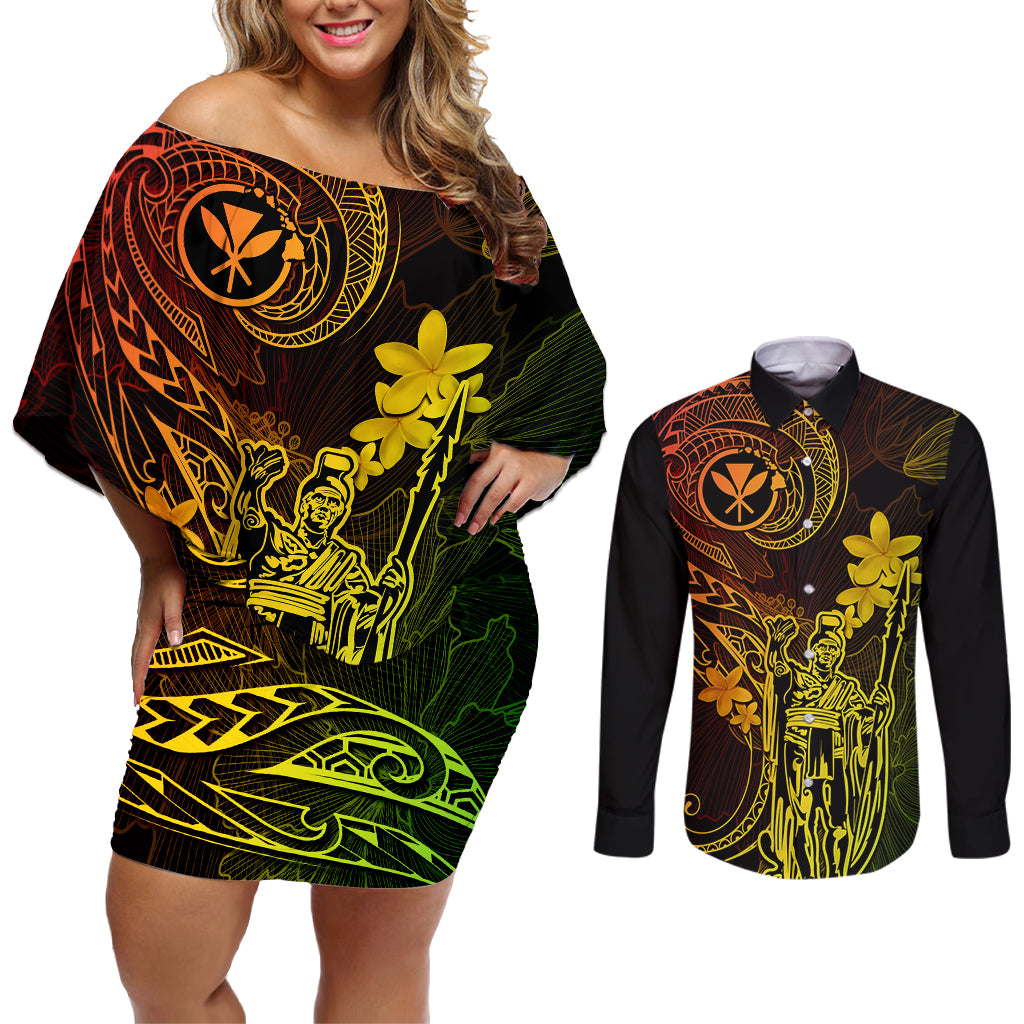 Hawaii Couples Matching Off Shoulder Short Dress and Long Sleeve Button Shirts King Kamehameha Mix Polynesian Plumeria Reggae Version LT14 Reggae - Polynesian Pride