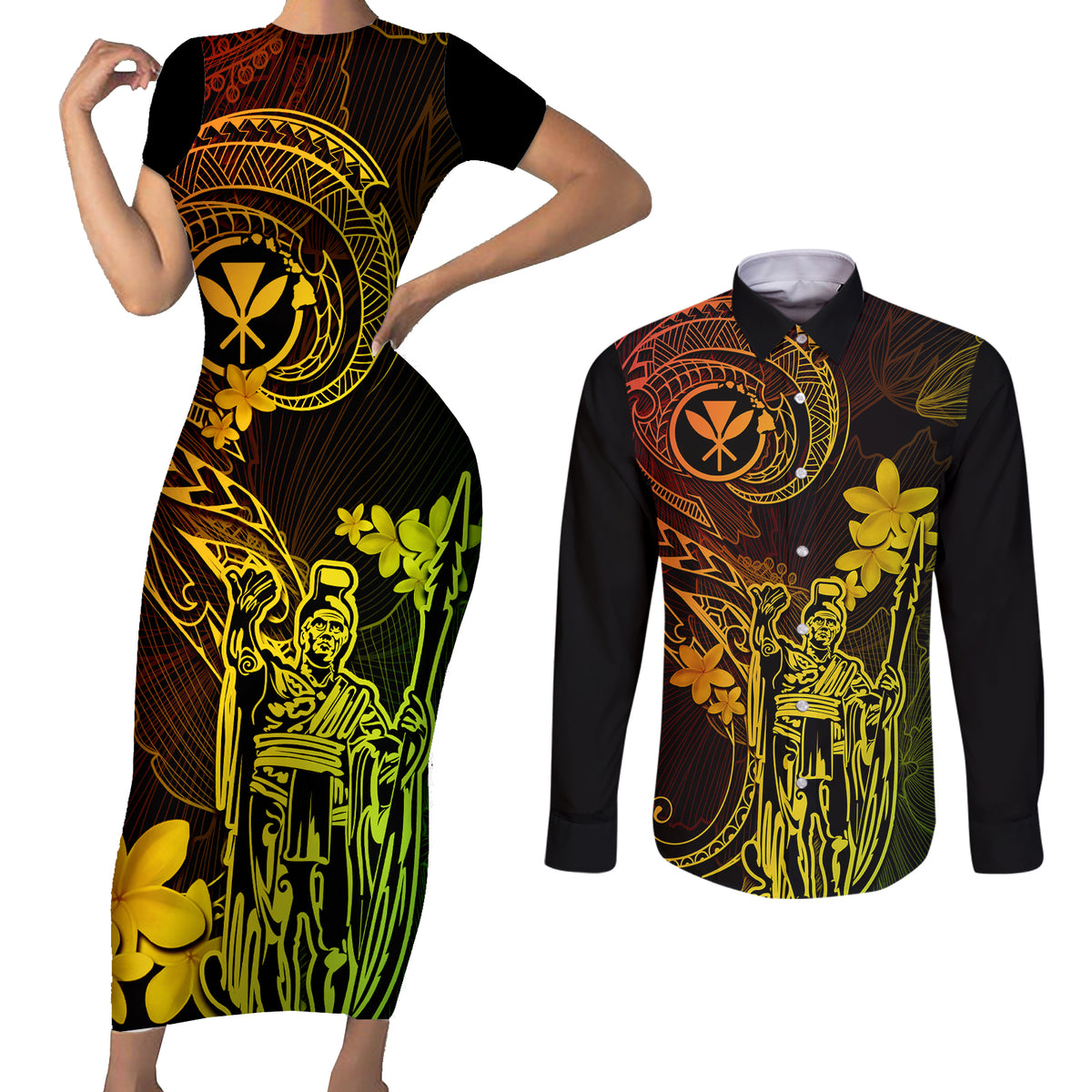 Hawaii Couples Matching Short Sleeve Bodycon Dress and Long Sleeve Button Shirts King Kamehameha Mix Polynesian Plumeria Reggae Version LT14 Reggae - Polynesian Pride